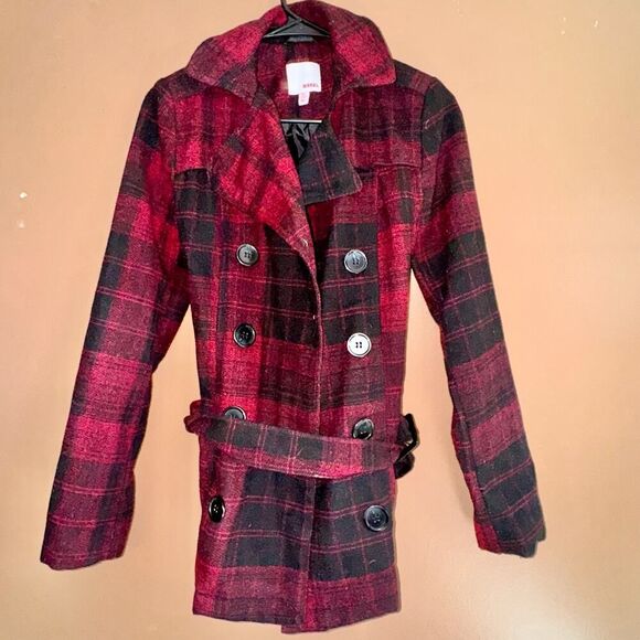 Bongo Women's Double Breasted Red Plaid Button Pea Coat - Size Small - Picture 7 of 10